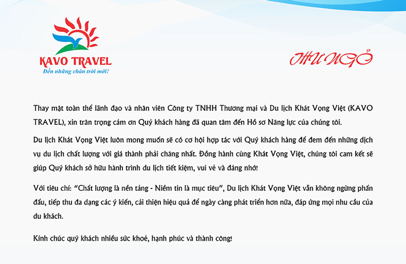 Thư  ngỏ hồ sơ năng lực công ty du lịch