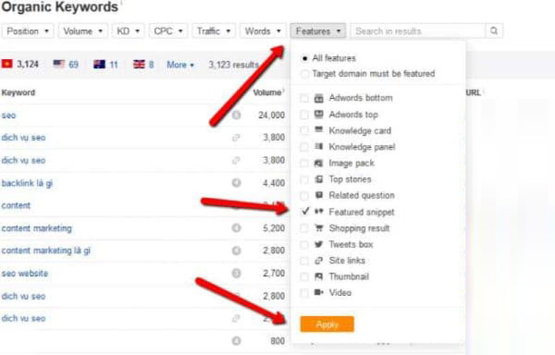Chọn Features rồi đến Featured Snippet