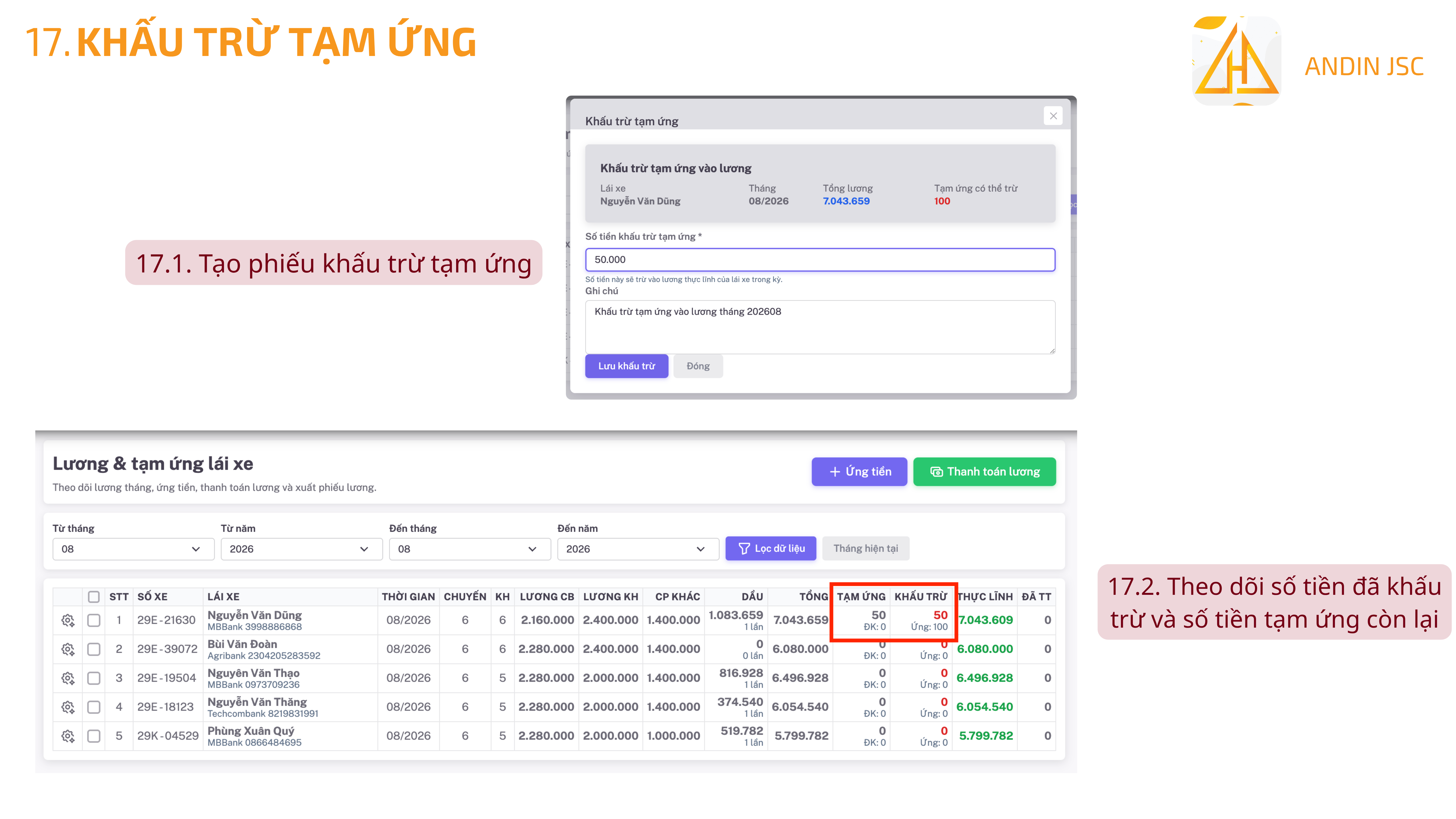 Quản Lý Lương, Tạm Ứng Và Khấu Trừ Lái Xe - hình ảnh 1